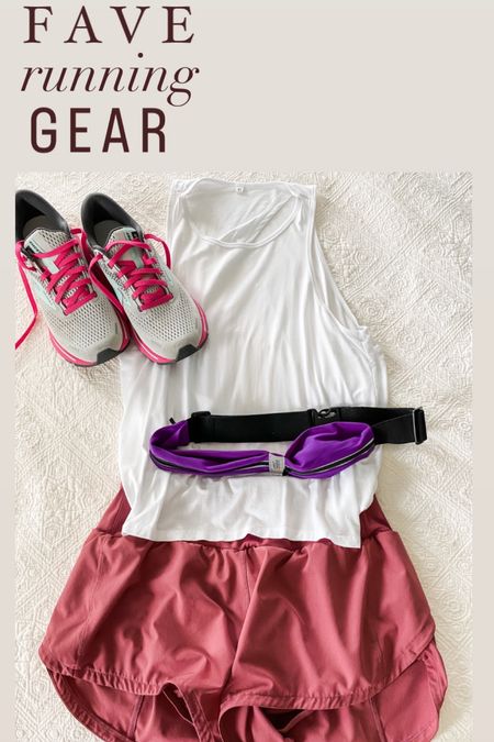These are my go-to running or walking essentials! Got that little belt for my phone, keys, and oh yes, pepper spray! The Brooks tennis shoes are super comfy and the top and shorts are both LuLu dupes! 🤘🏼 
