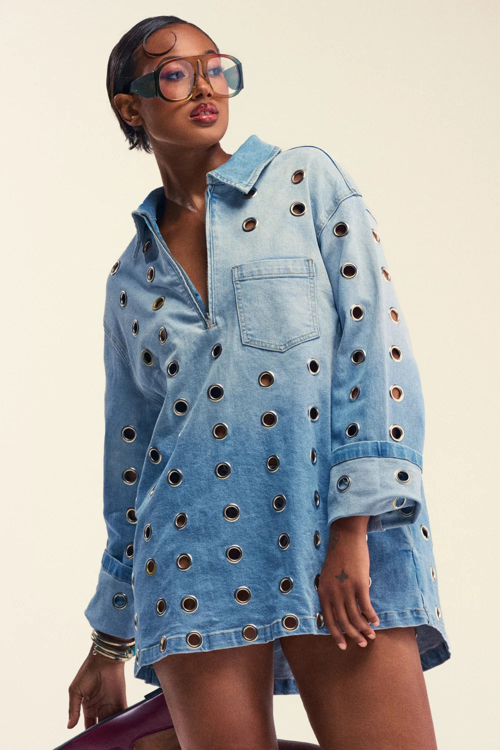 Denim Oversized Grommet Mini Shirt Dress | AKIRA | AKIRA