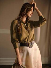 MOTF PREMIUM Camisa De Manga Longa Com Bolso Remendado Em Renda Guipure Sólida | SHEIN