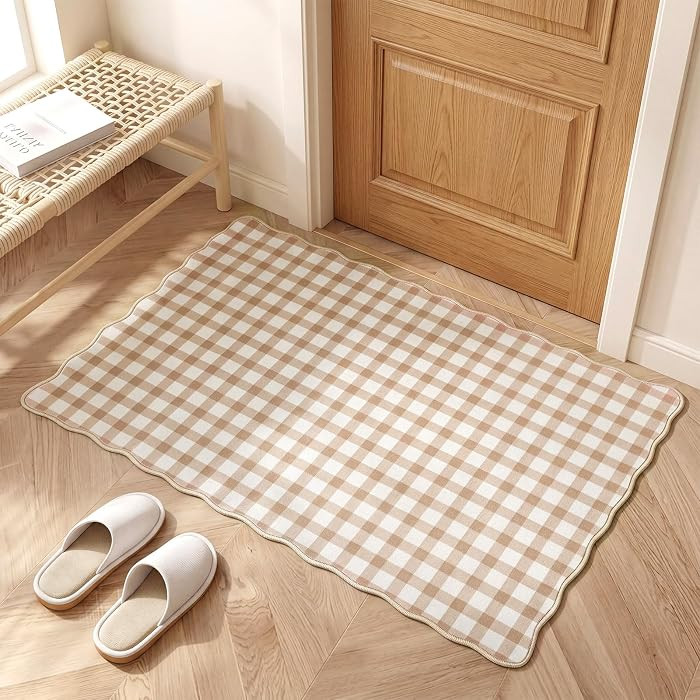 2 x 3 ft Scalloped Gingham Entry Rug Khaki Checkered Area Rug Small Washable Plaid Rugs for Entry... | Amazon (US)