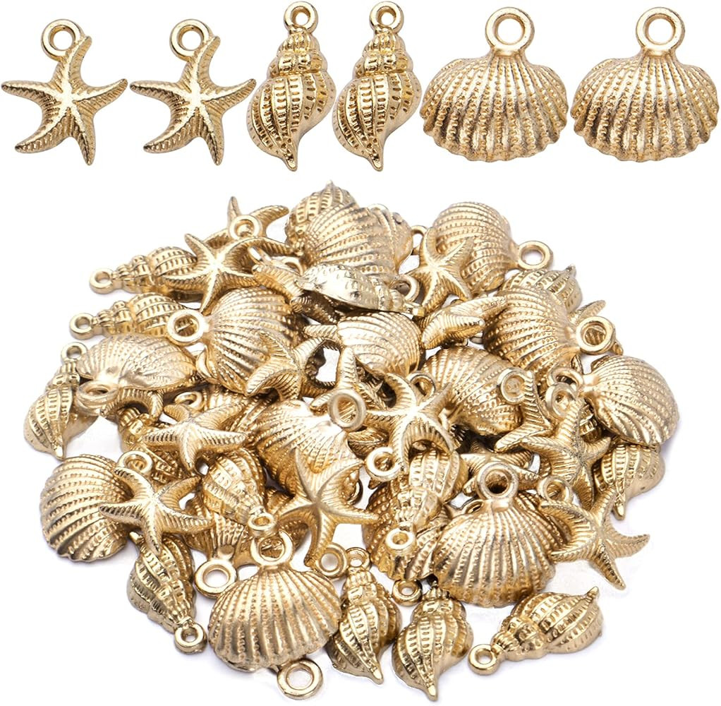 60pcs Gold Plated Shell Starfish Conch Charms Alloy Ocean Theme Pendants Sea Animals Dangle Charm... | Amazon (US)