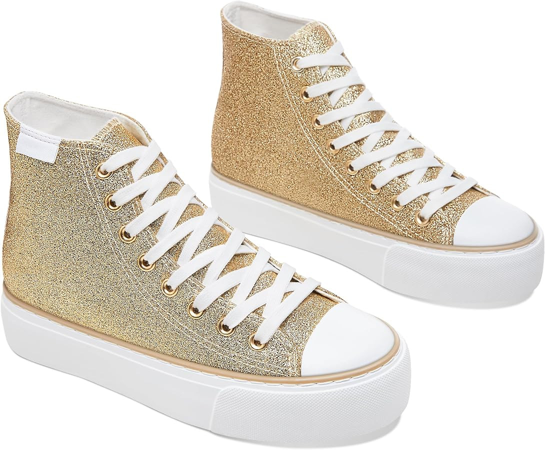 ALTOCIS Glitter Platform Fashion Sneakers,Sparkly Bling Mid Calf Sneaker for Women,Cute Comfortab... | Amazon (US)