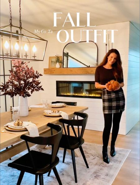 My Go-To Fall Outfit? A plaid skirt, black leggings, bodysuit or sweater and booties or tall boots 🍂 

🏷️ plaid mini skirt , black elbow sleeve bodysuit , black leggings , black booties , pottery barn table , dining room table , black dining room chairs , faux floral stems , fall florals , mantle , mantle , fleece lined leggings , mirror , dining room chandelier , mark fisher , lulus , pottery barn

#LTKworkwear #LTKshoecrush #LTKSeasonal