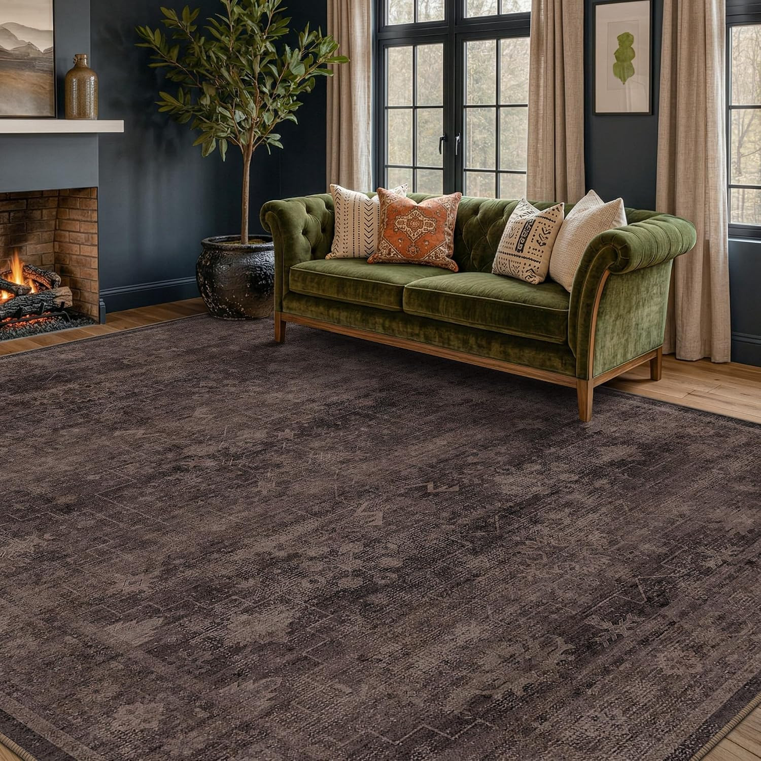 Farmhouse Washable 8x10 Area Rugs for Living Room, Dark Brown with Plum, Rust, and Charcoal Accents Vintage Geometric Rug for Bedroom, Dining Room, Modern Boho Distressed Ultra Soft Low Pile Carpet | Amazon (US)