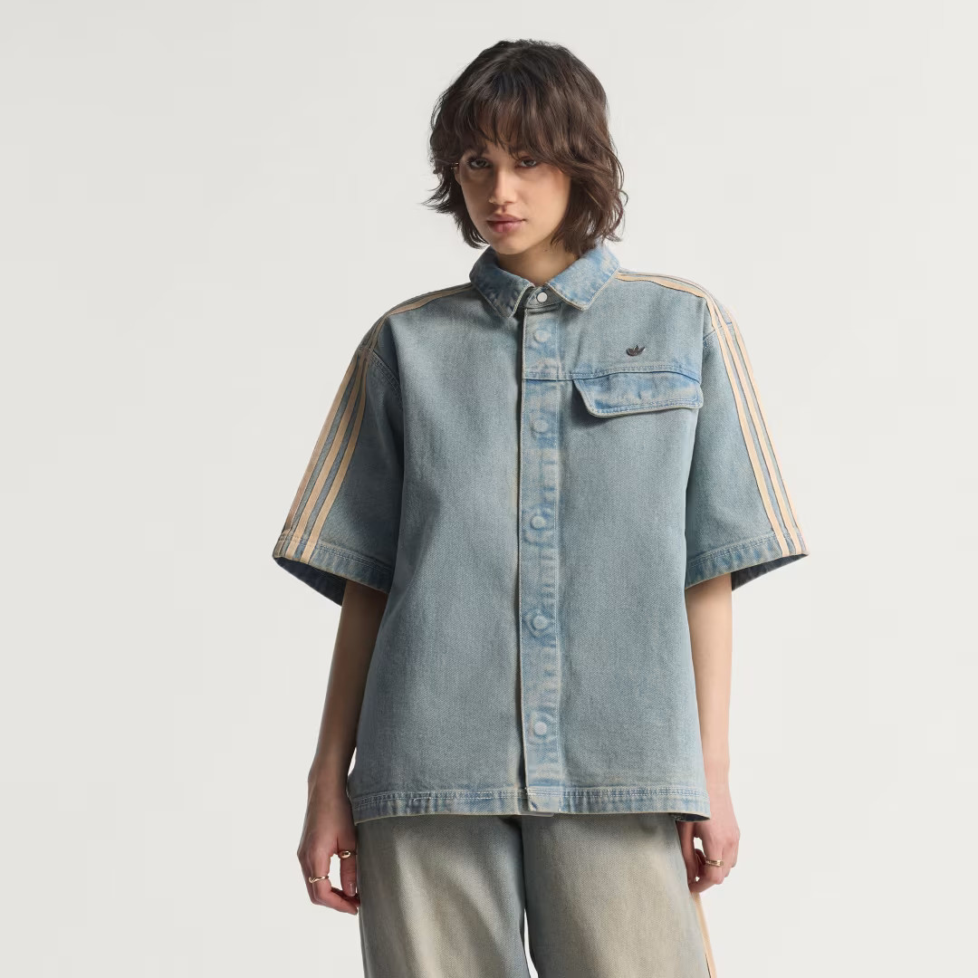 adidas Premium Essentials Denim Shirt Shortsleeve Indigo Denim S - Womens Originals Short Sleeve Shirts | adidas (US)