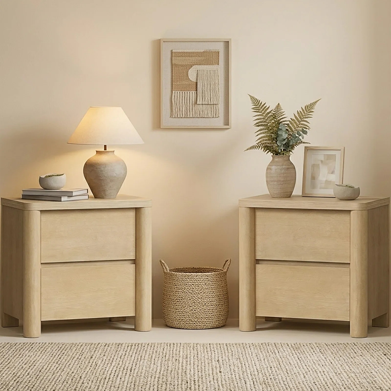 Jarne 25.6" Tall Natural Nightstand Modern Bedside Table With 2 Drawers Curved Wood End Table For... | Wayfair North America