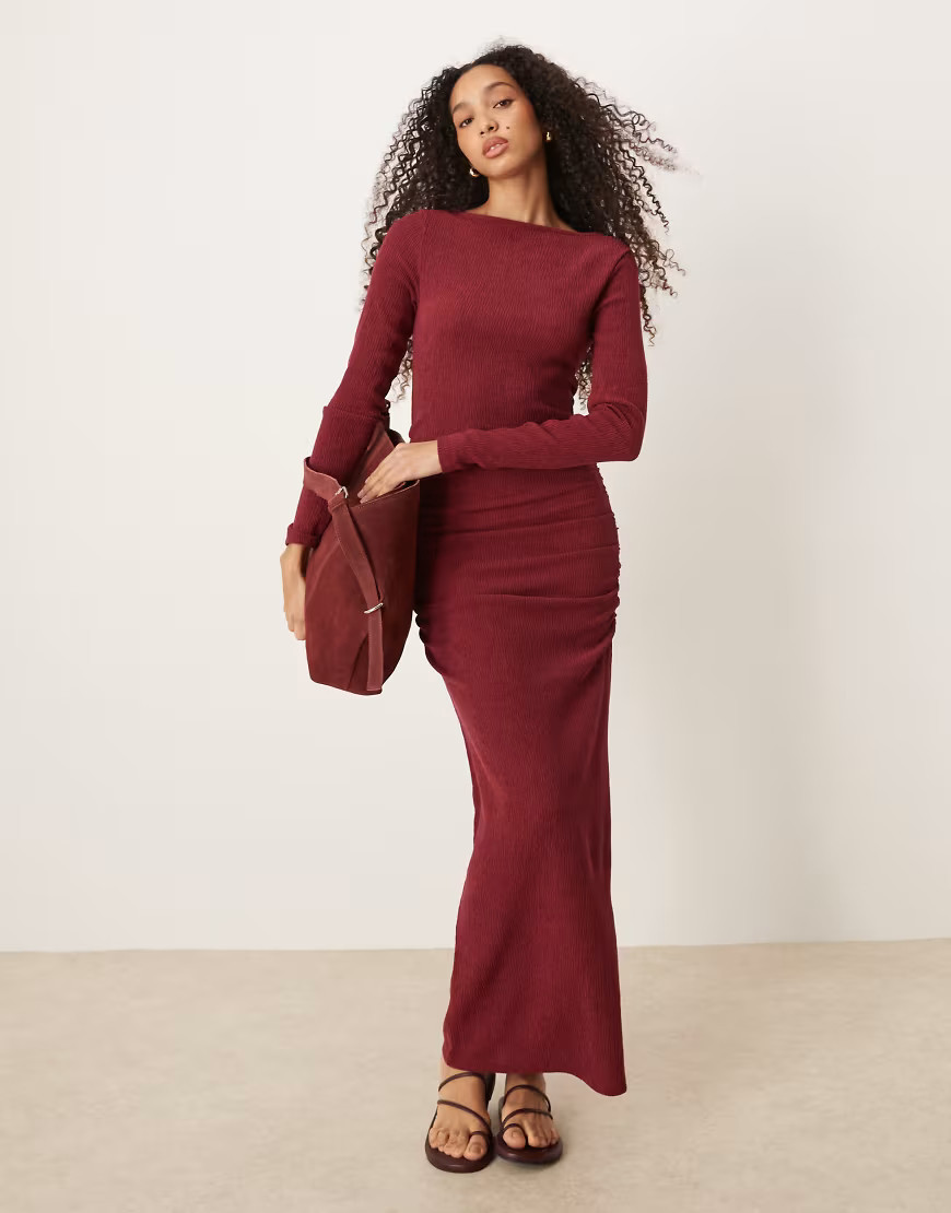 ASOS DESIGN slash neck long sleeve ruched midi dress-Red | ASOS (Global)