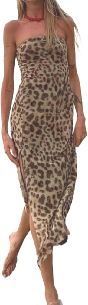 Mob Wife Aesthetic Leopard Print Bustier Maxi Dresses for Women Sexy Summer Strapless Dress with ... | Amazon (US)