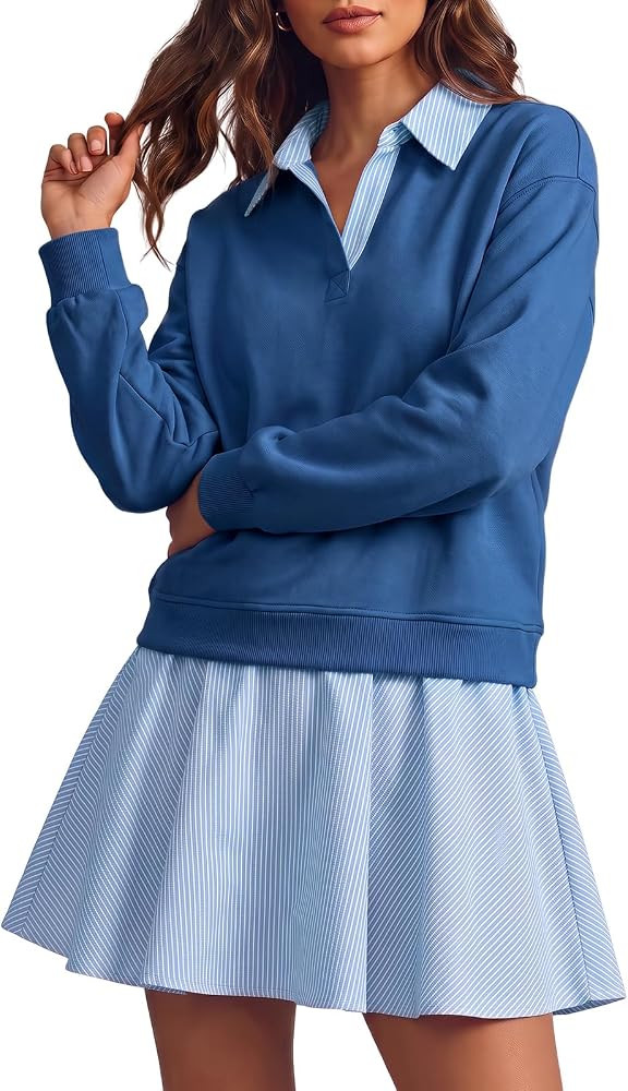 Wenrine Womens Sweatshirt Dress Collared V Neck Patchwork Mini Dresses | Amazon (US)