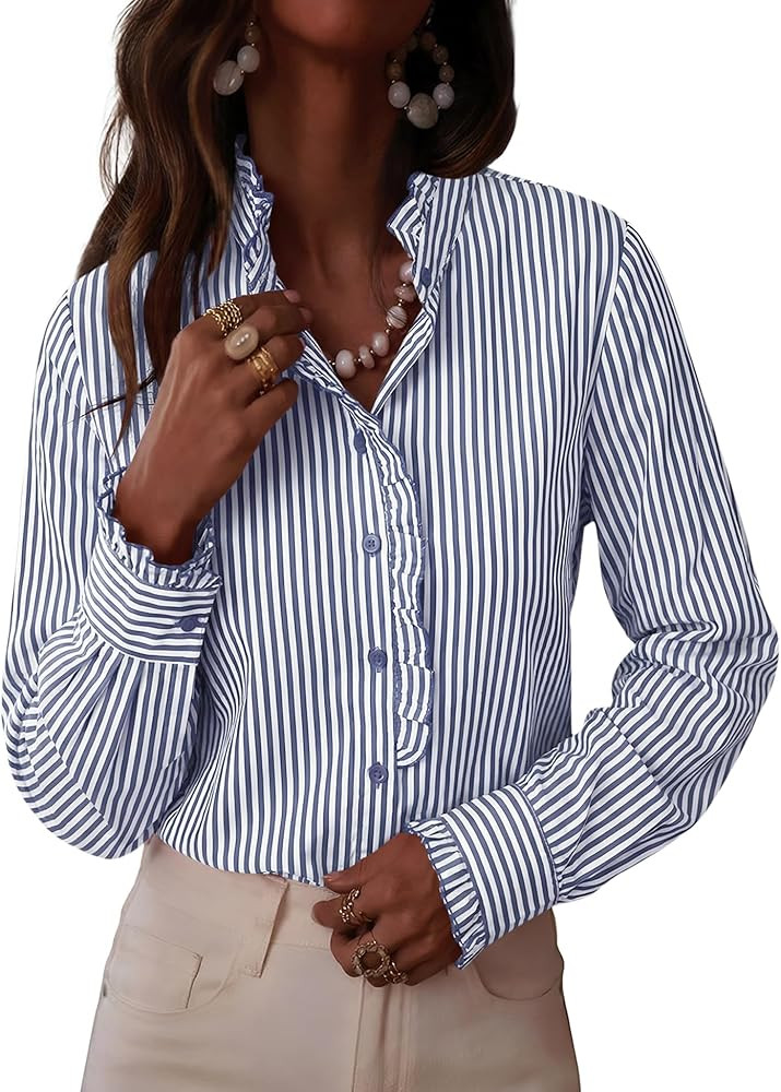 LOMON Button Down Shirts for Women Dressy Casual Long Sleeve Ruffle Blouses Office Tops Work Shir... | Amazon (US)