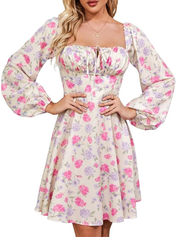 Women's Summer Puff Sleeve Floral Split Maxi Dress Flowy A Line Casual Beach Long Dresses | Amazon (US)