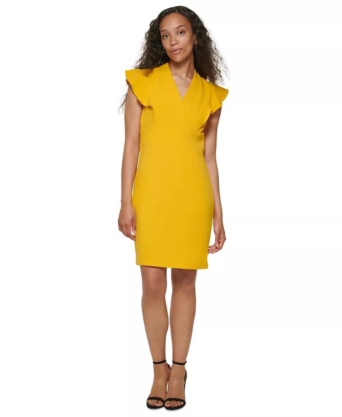 Petite Solid Flutter-Sleeve V-Neck Dress | Macys (US)