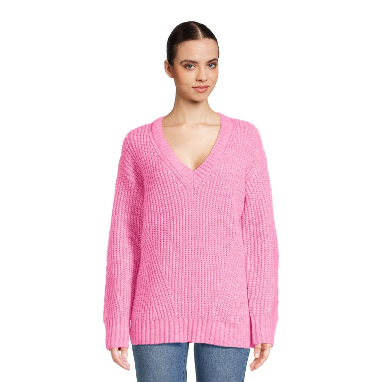 No Boundaries Juniors' Mixed Stitch V-Neck Sweater, Midweight, Sizes XS-XXXL | Walmart (US)