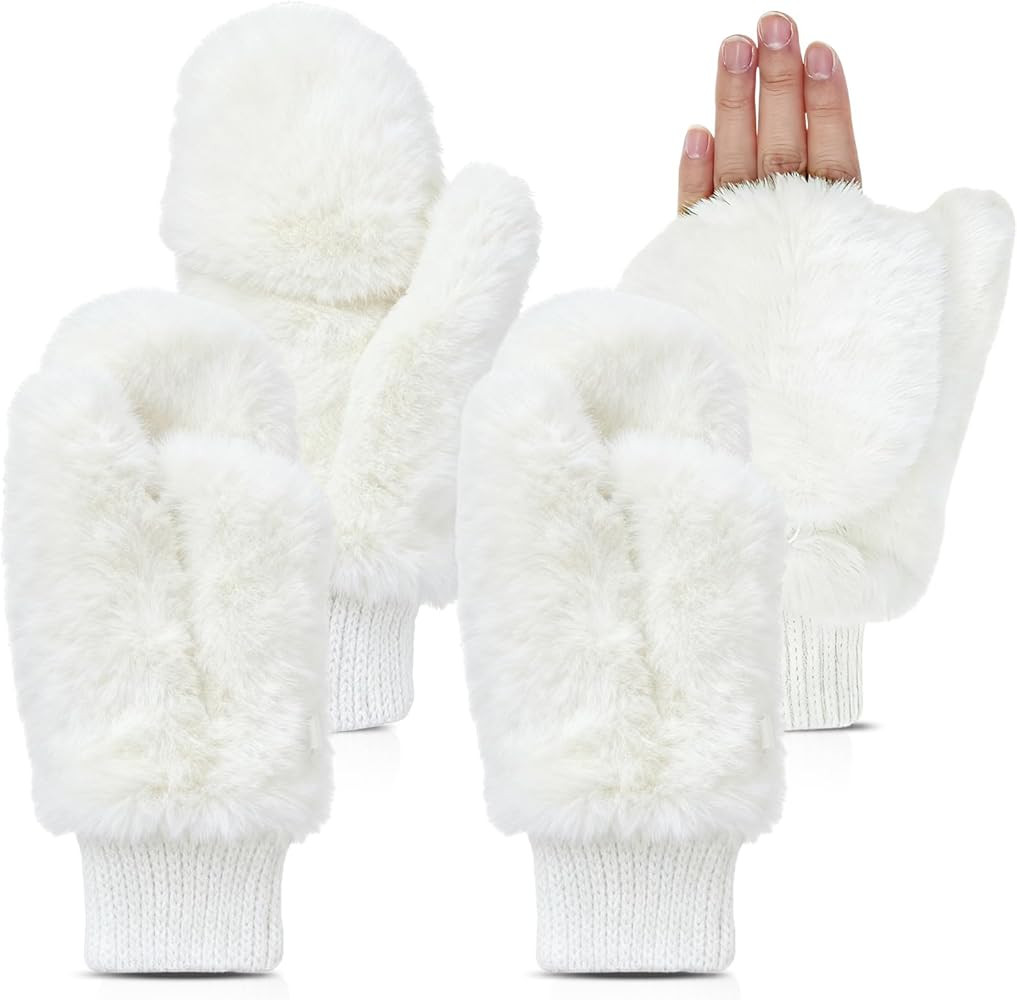 SATINIOR Faux Fur Mittens Fingerless Gloves Convertible Gloves Fluffy Winter Warm Soft Half Finge... | Amazon (US)