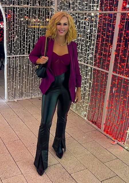 Ho Ho Ho! 🎅 Who's getting ready for Christmas? I started putting up decorations so will
Post those soon. Does anyone else feel like we just skip over Thanksgiving? 

This plum mesh corset bodysuit, blazer, and Vegan leather pants are perfect for  Holiday events, and are 25% off right now!! Use code: Winter25 

#LTKHoliday #LTKstyletip #LTKSeasonal
