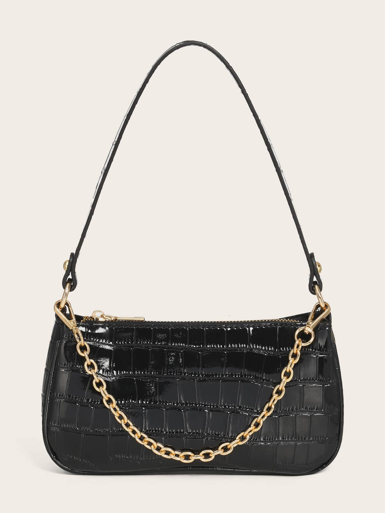 Chain Decor Croc Embossed Baguette Bag | SHEIN