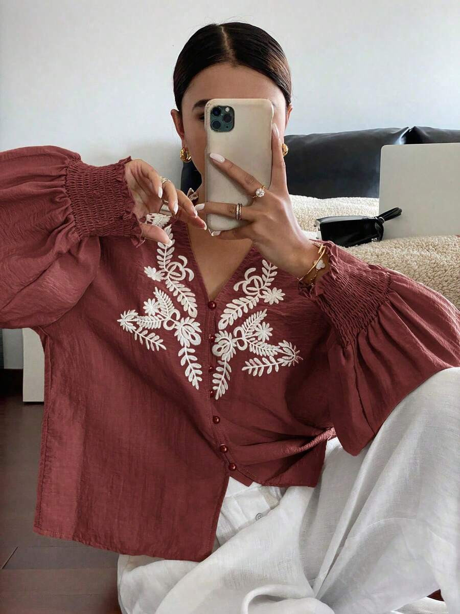 Serisse Camicia casual da donna con bottoni e ricami, adatta per le vacanze, novità per le donne | SHEIN