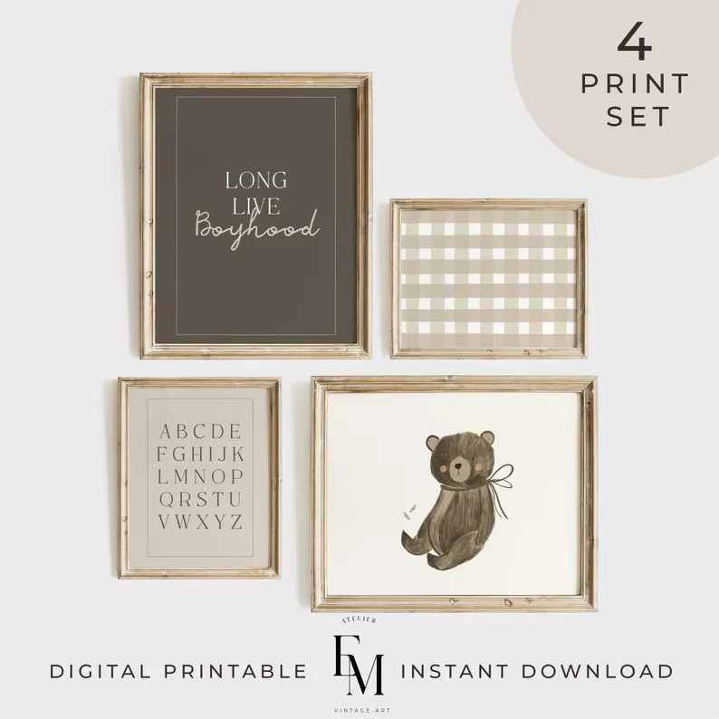 Teddy Bear Printable Gallery Wall Art Set of 4 Long Live Boyhood Print Boy Decor Nursery Farmhous... | Etsy (US)