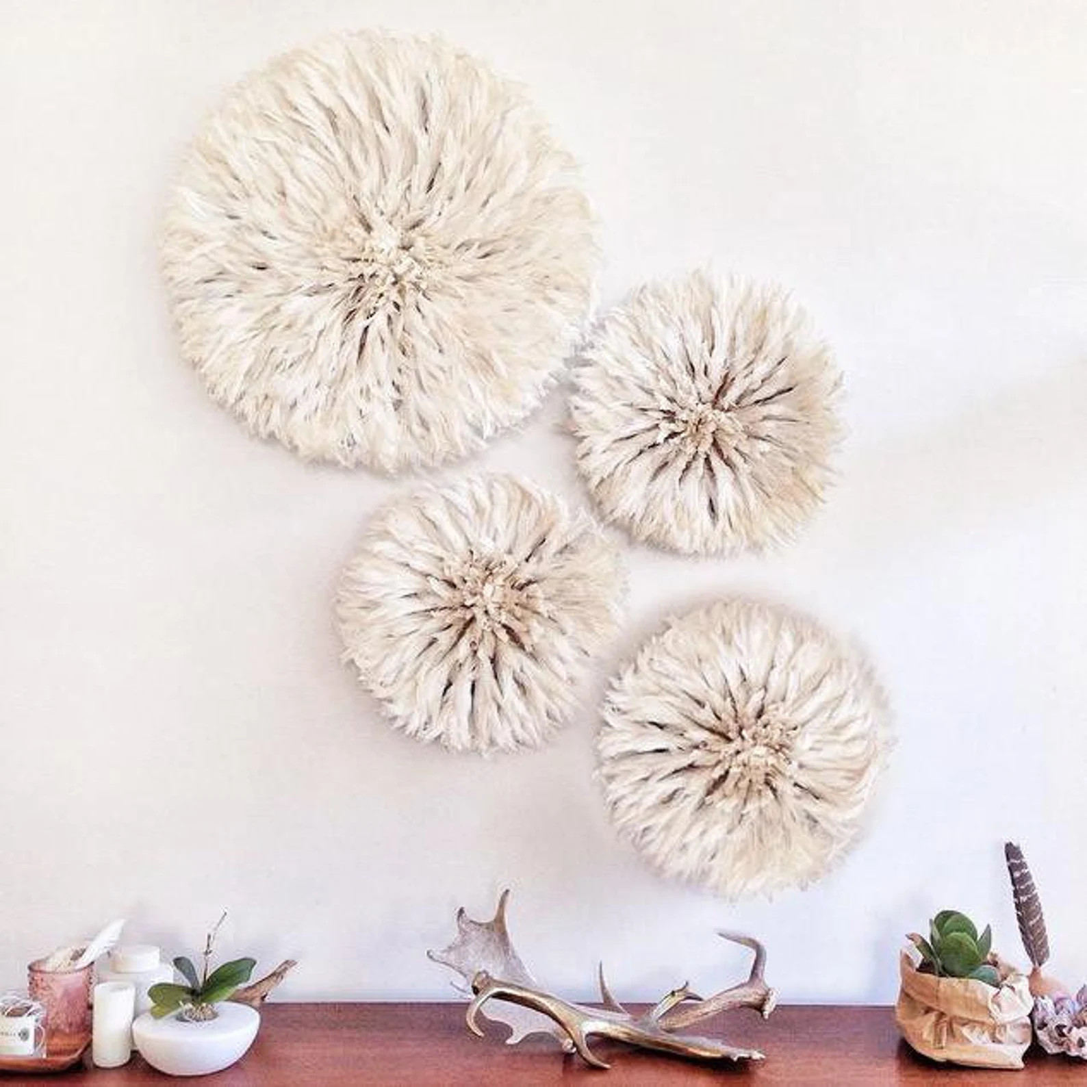 4 ivory white juju hat wall decor set | boho chic style | african feather art | minimalist interi... | Etsy (US)