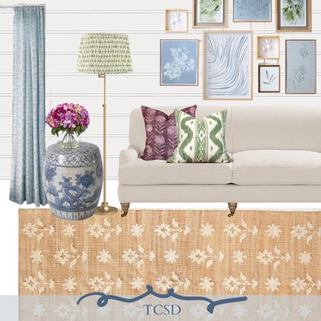 Colorful, coastal living room scheme. Neutral backdrops - a white sofa and patterned jute rug set the stage for the pretty details of patterned pillows, chinoiserie stool and patterned lamp shade  

#LTKhome #LTKsalealert #LTKstyletip