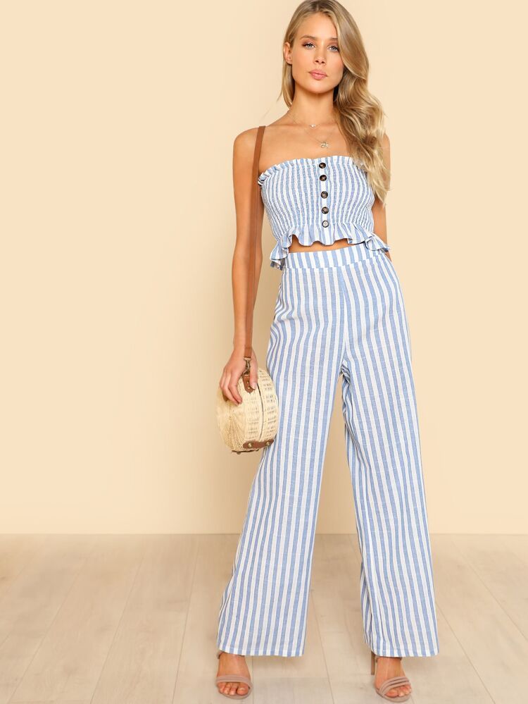 Shirred Ruffle Hem Strapless Top & Pants Set | SHEIN