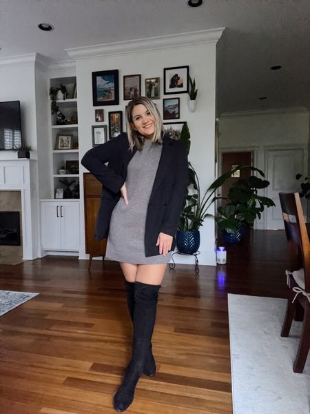 Blazer (up to 30% off right now!) - wearing an XS. True to size for a slightly oversized fit
Sweater dress - XS, again true to size for a slightly oversized fit
Boots are old but I linked similar ones!  

#LTKsalealert #LTKSeasonal