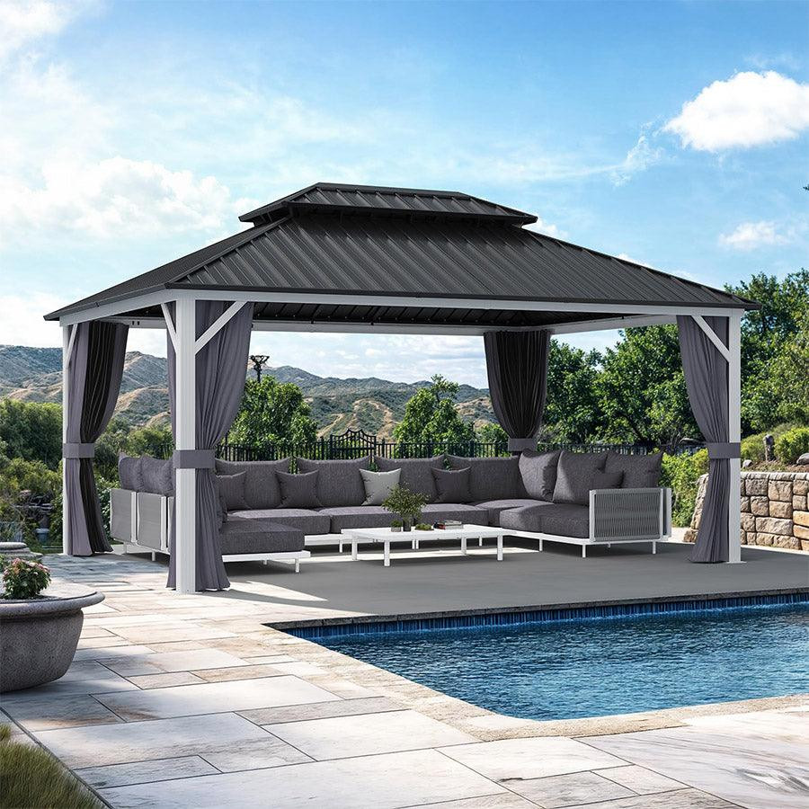 PURPLE LEAF Patio Hardtop Gazebo for Outdoor Grey Galvanized Steel Double Roof White Aluminum Pol... | Purple Leaf