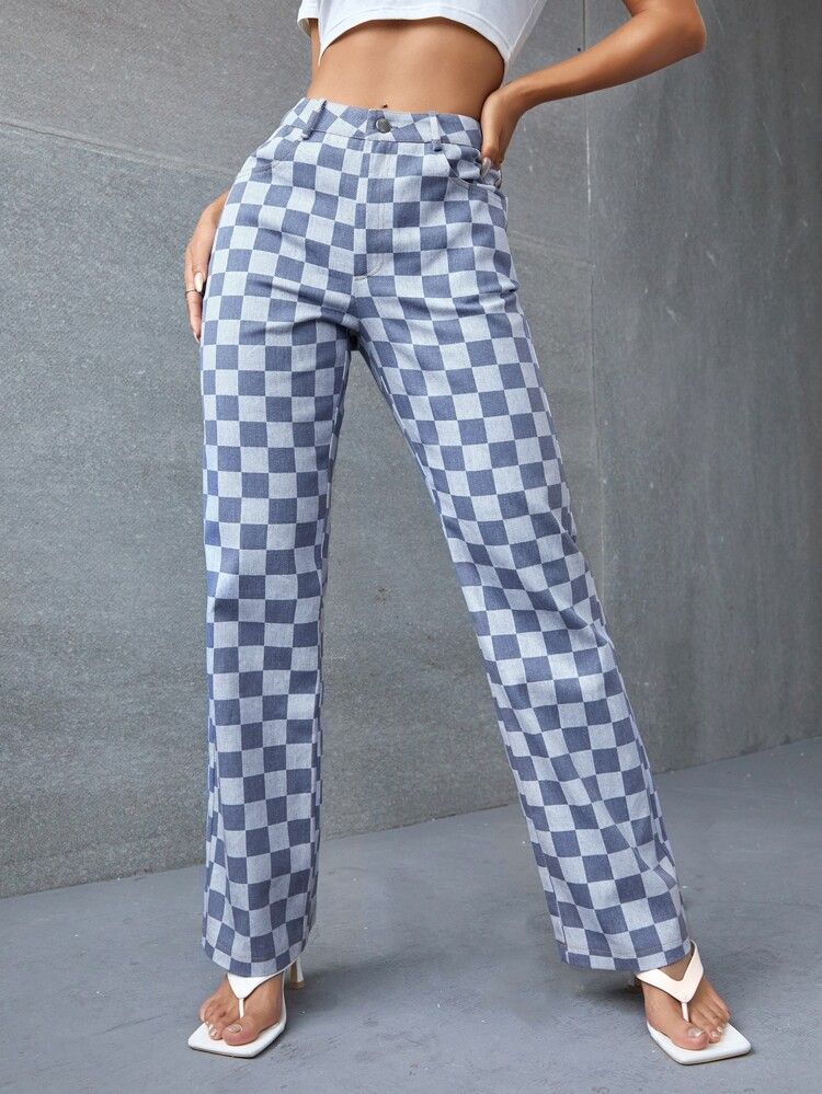 Checkerboard Straight Leg Pants | SHEIN