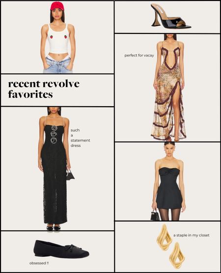 recent revolve favs | maxi vacay dress, black mini dress, gold earrings, ballet flats 

#LTKstyletip #LTKSeasonal #LTKshoecrush