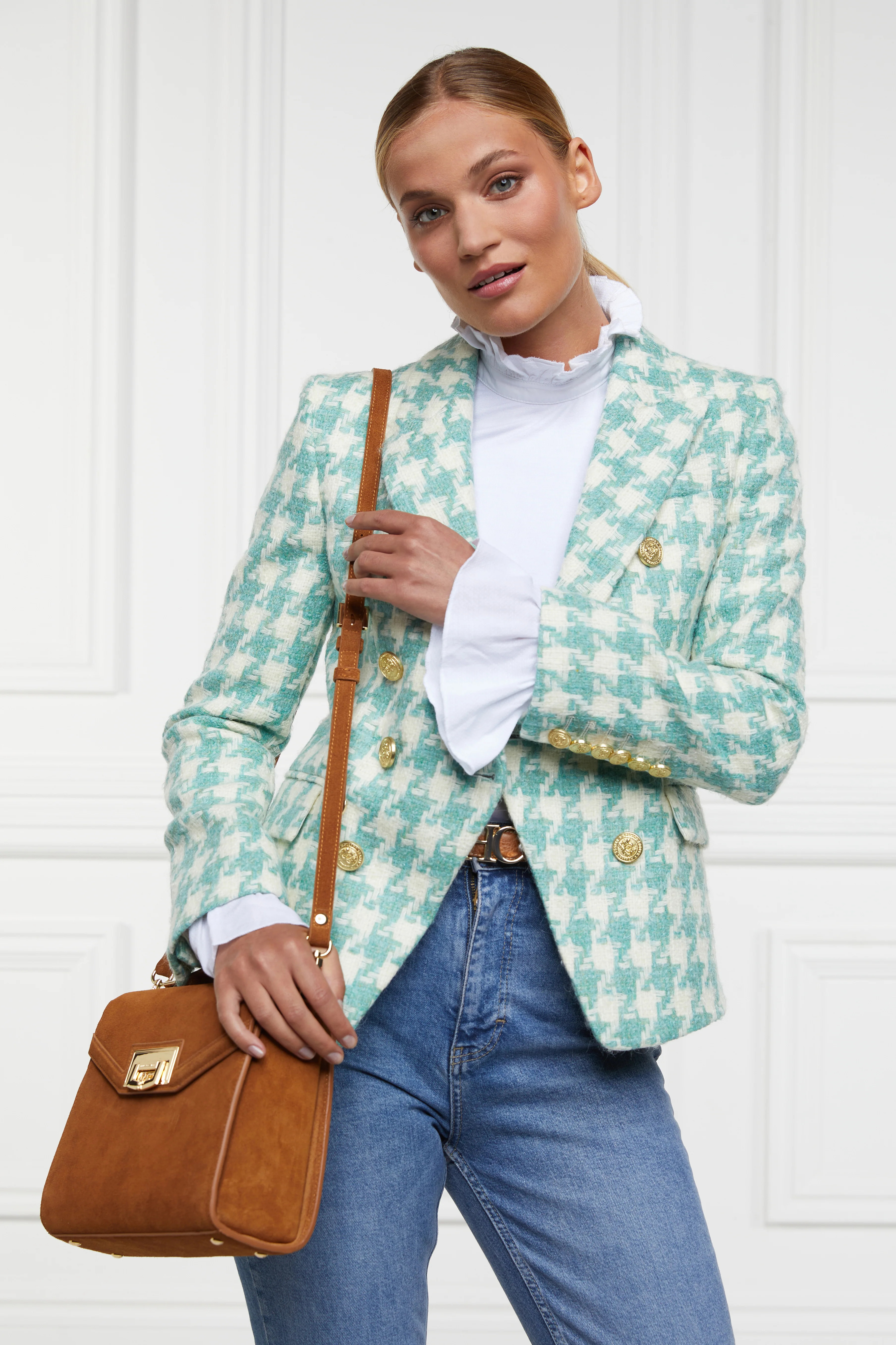 Knightsbridge Blazer (Large Scale Teal Houndstooth) | Holland Cooper
