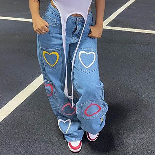 Jeans for Women Multi-Pocket Casual Zip Jeans Print Heart Denim Loose Womens Trousers Mom Jeans H... | Amazon (US)