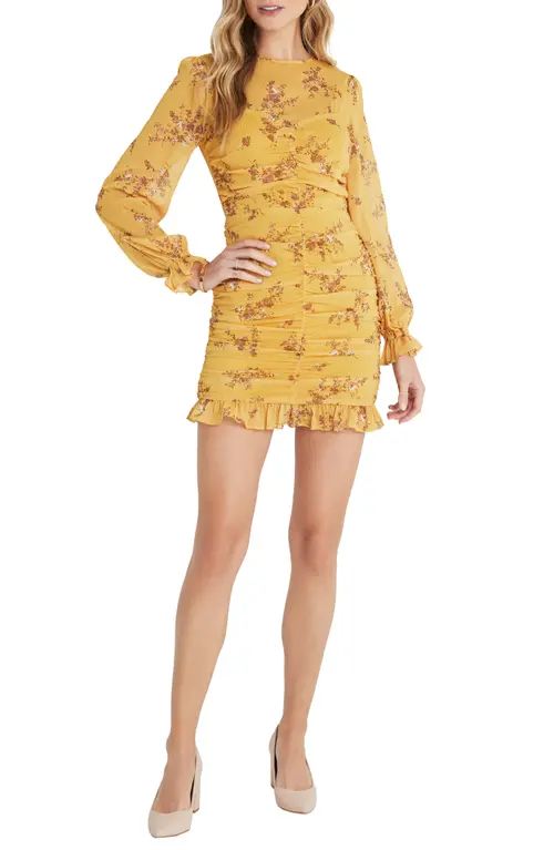 VICI Collection Floral Ruched Long Sleeve Minidress in Mustard at Nordstrom, Size Medium | Nordstrom