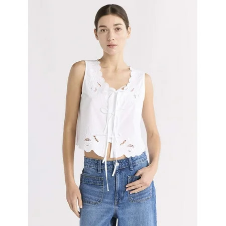 Free Assembly Women s and Women s Plus Cropped Tie Front Embroidered Cotton Top Sizes XS-4X | Walmart (US)