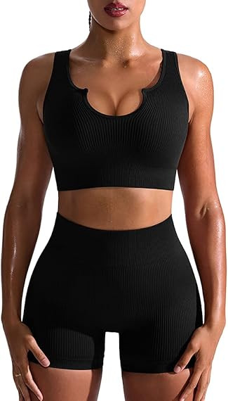 OQQ Workout Outfits for Women 2 Piece Seamless Ribbed High Waist Leggings with Sports Bra Exercise S | Amazon (US)