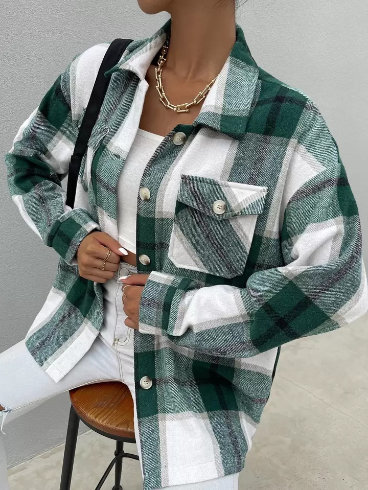 Drop Shoulder Plaid Print Flap Pocket Shirt | SHEIN