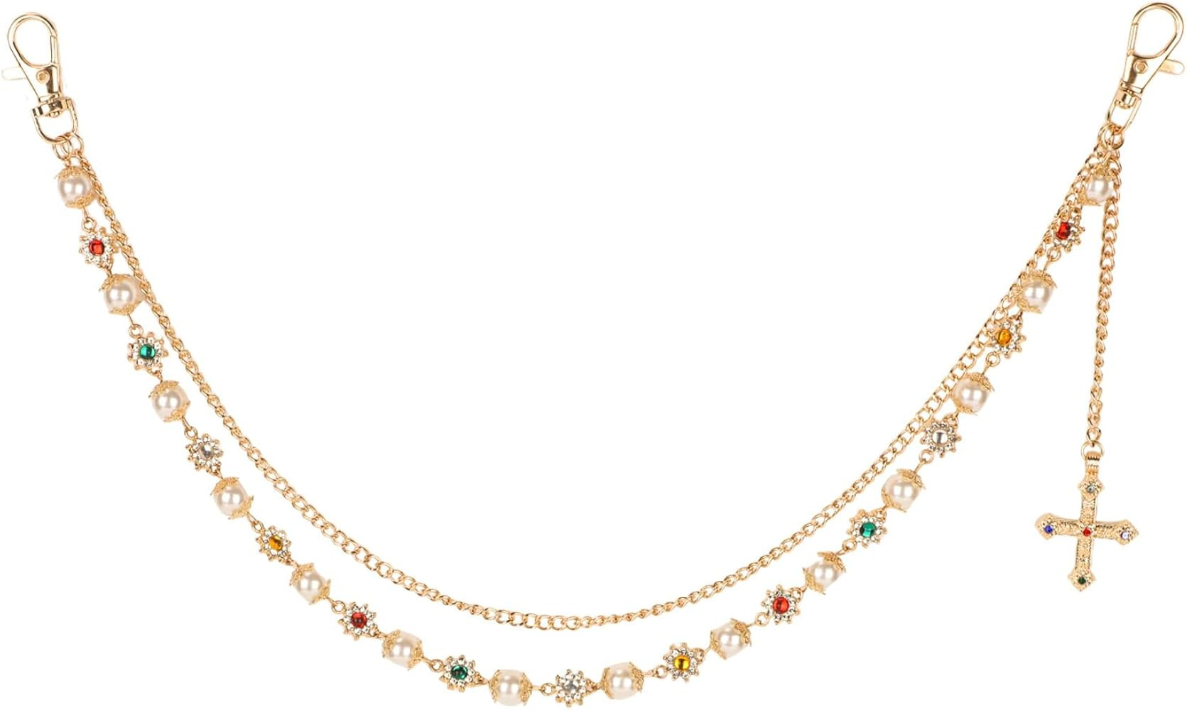 Gold Chain for Pants, Fashionable Double Layer Pants Chain Pearl Rhinestones Cross Hip Hop Pocket... | Amazon (CA)