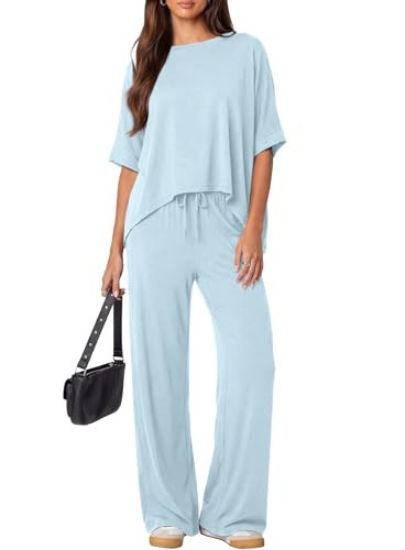 Darong Womens Lounge Set 2 Piece Outfits Casual Loose Fit Short Sleeve Tops and Wide Leg Pants Sets 9245A Blue L | Amazon (US)