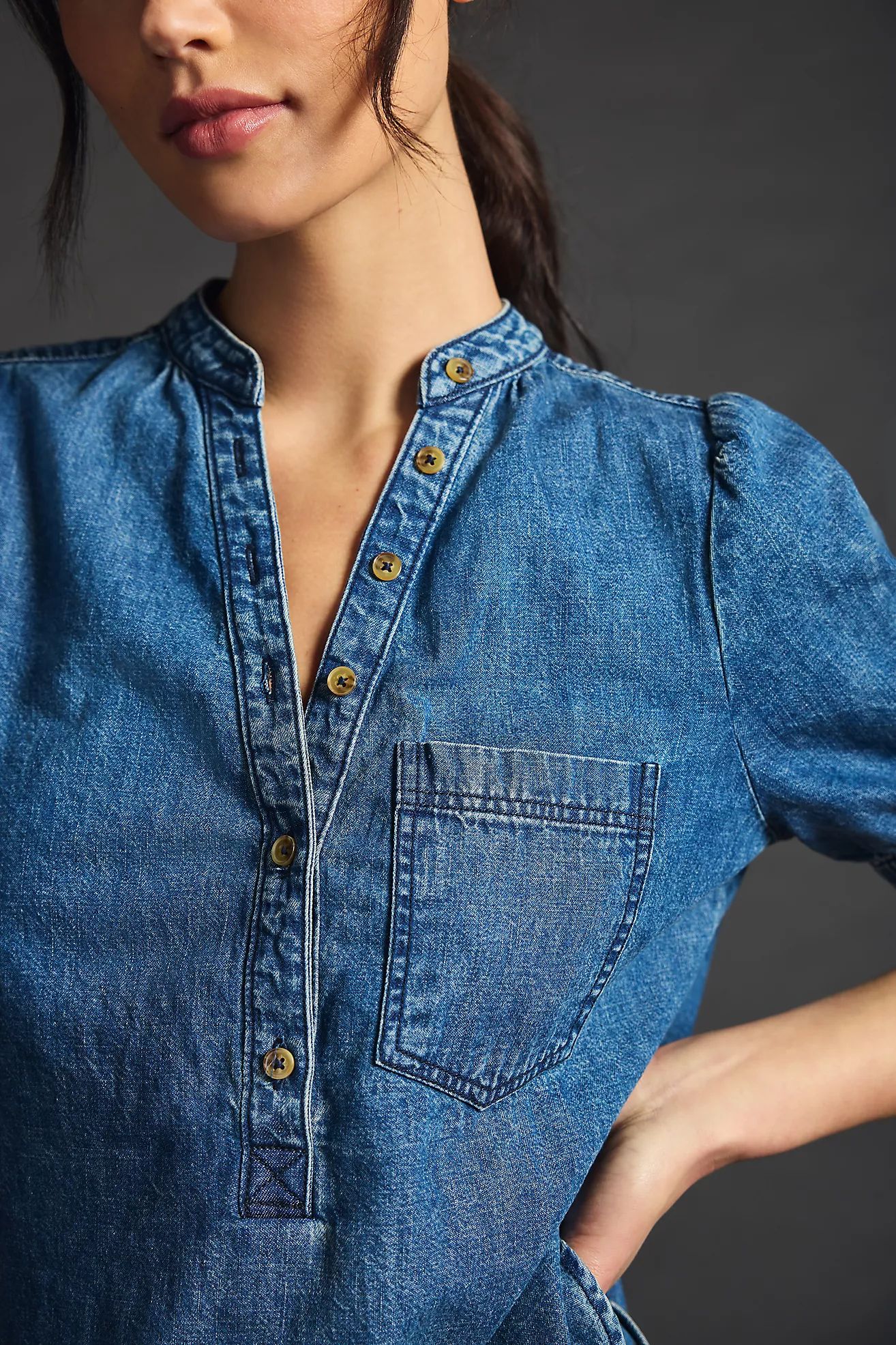 Aly Puff-Sleeve Blouse by Pilcro: Chambray Edition | Anthropologie (US)