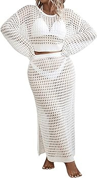 Women's 2 Piece Plus Size Cover Up Sweater and Split Thigh Skirt Set Beach Swim Cover Up Outfit | Amazon (US)