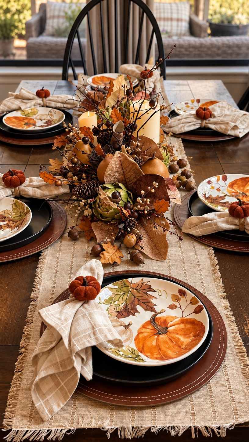 Fall tablescape inspiration - moody warm fall stems with faux fruit, neutral base with black dinner plates taupe
Linens

#LTKSeasonal #LTKHome