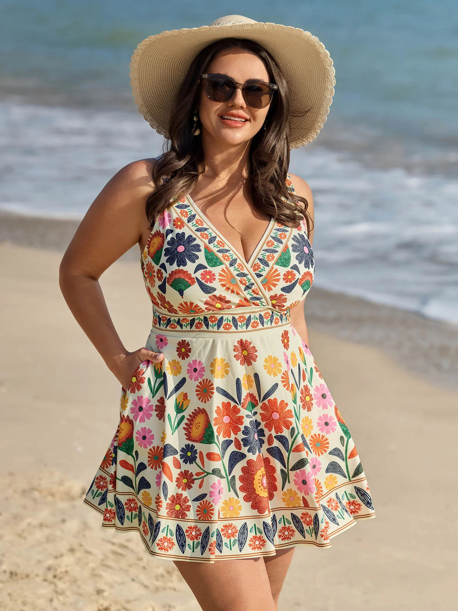 Floral Surplice Neckline Pockets Swim Dress | Bloomchic