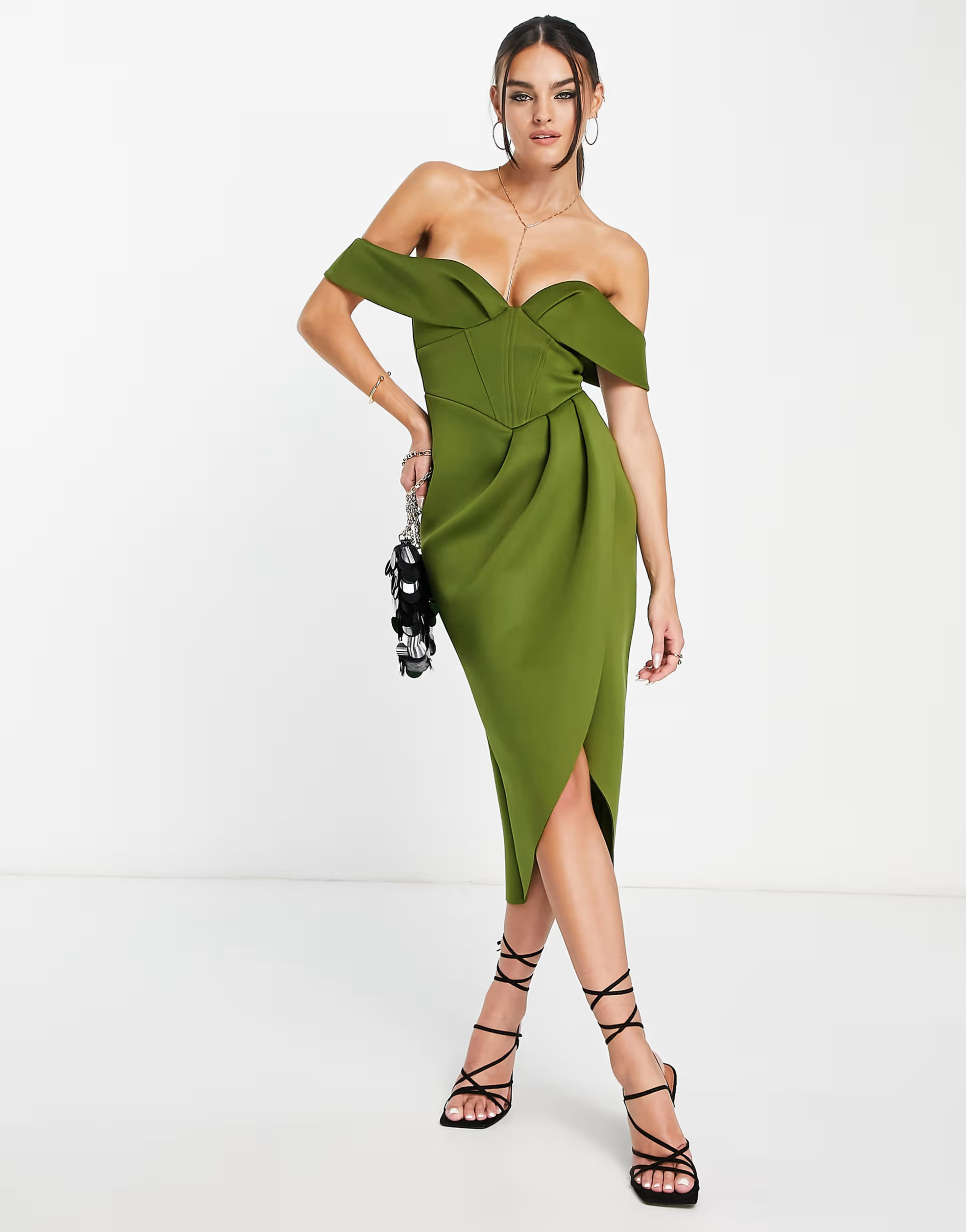 ASOS DESIGN off shoulder corset midi dress in olive | ASOS (Global)