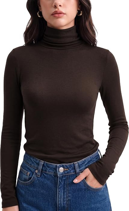 Merino Wool Blend Turtleneck Tops Long Sleeve Shirts Fitted Basic Tee | Amazon (US)