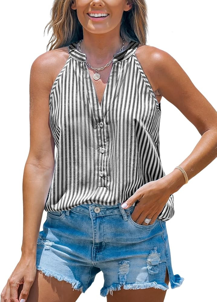 CUPSHE Women Tops Sleeveless Striped V Neck Tank Top Button Front Tee Shirt Casual | Amazon (US)