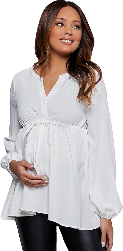 MakeMeChic Women's Maternity Shirt Long Sleeve Drawstring Waist Pregnancy Peplum Blouse Top | Amazon (US)
