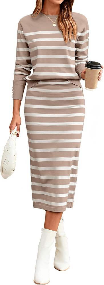 Glamaker 2 Piece Skirt Sets for Women 2025 Fall Fashion Striped Casual Sweater Dress Knit Lounge ... | Amazon (US)