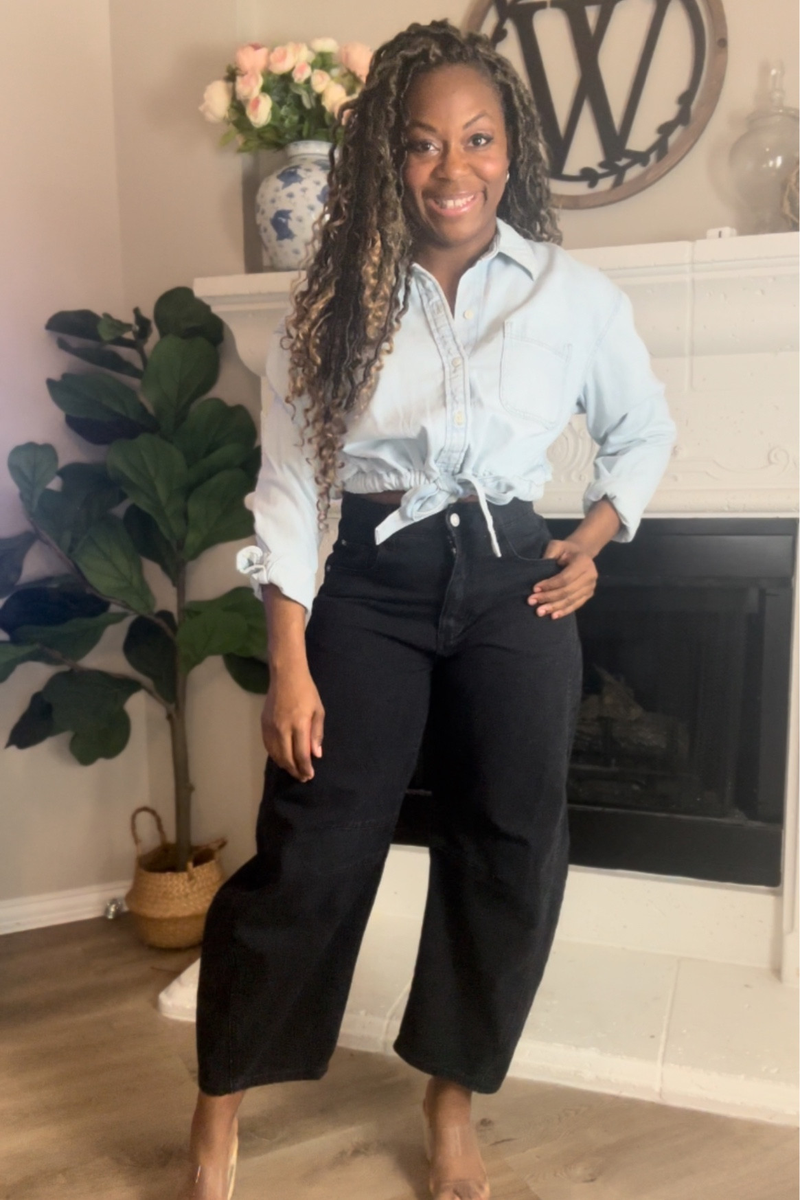 Barrel, jeans, outfit with denim, tie, button-down, and clear wedges  

#LTKfindsunder50 #LTKstyletip