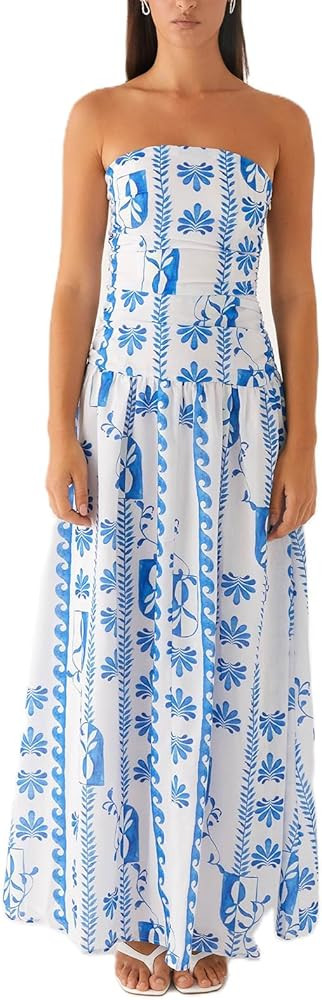 Women Summer Strapless Maxi Dress A Line Flowy Tube Top Dress Y2K Elegant Wedding Party Cocktail ... | Amazon (US)