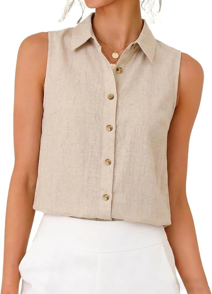 IDEALSANXUN Womens Button Down Linen Shirts Spring Summer Sleeveless Blouses Vest Tank Tops | Amazon (US)