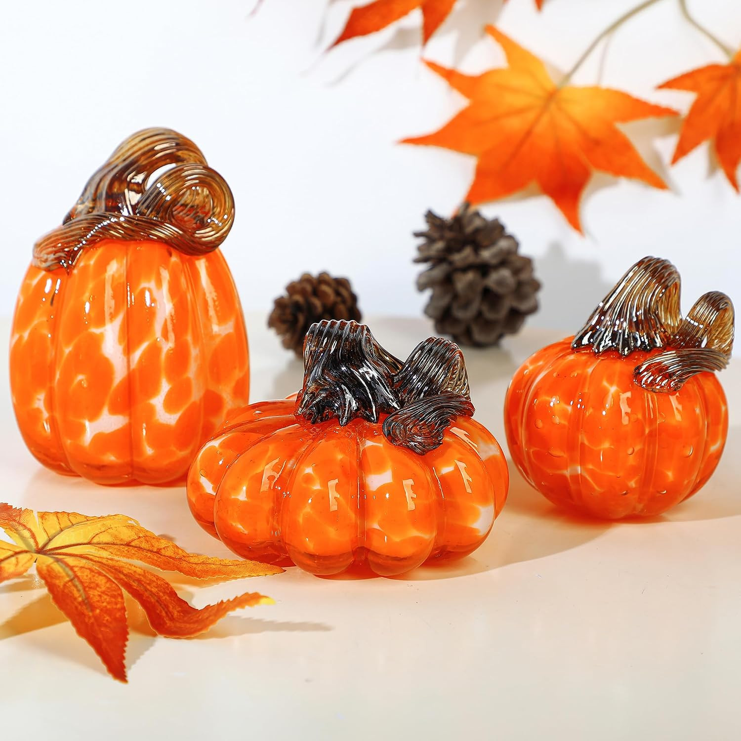 3 Pcs Blown Glass Pumpkin Figurines Orange Fall Halloween Table Decor | Amazon (US)